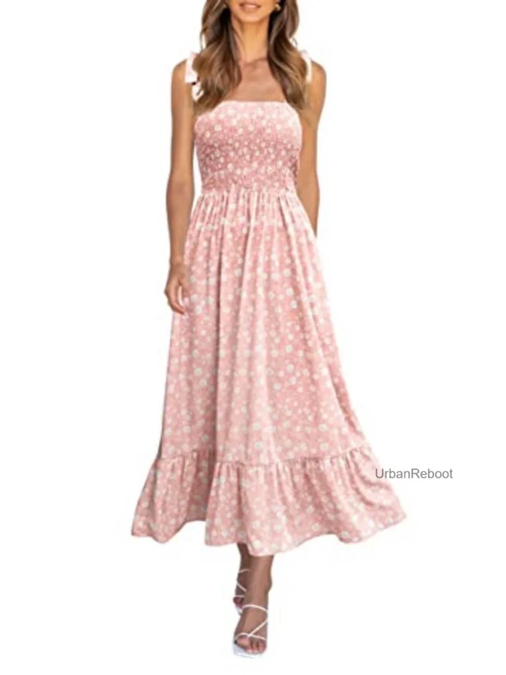 Boho Floral Maxi Dress Smocked Sleeveless Square Neck Ruffle
